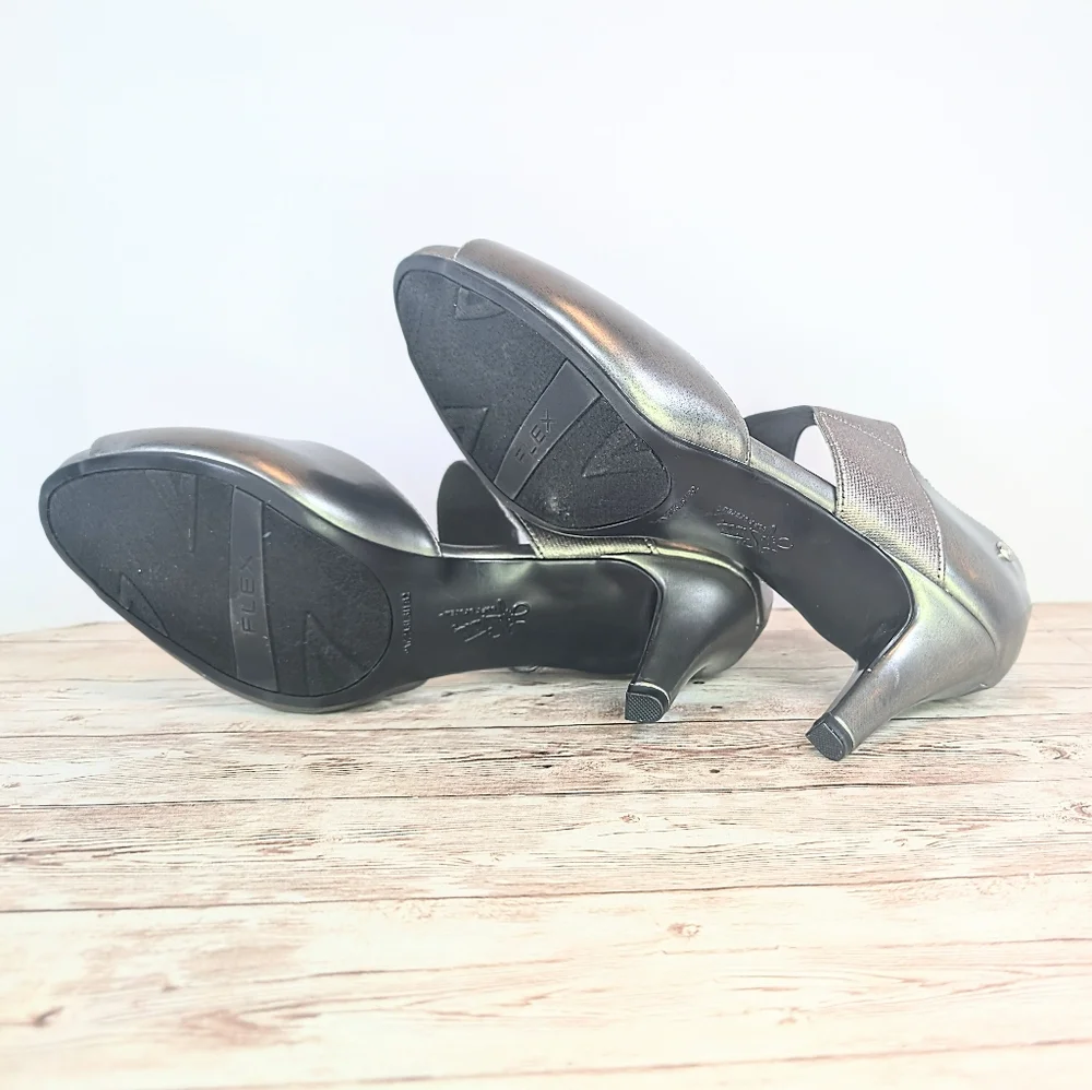 LifeStride Flex Dark Silver Pewter Open Toe Heels Metallic Size 9
